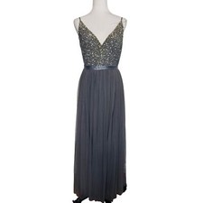 BHLDN Dress Formal Black Tie Gown Slate Blue Gray Beaded Tulle Size 8