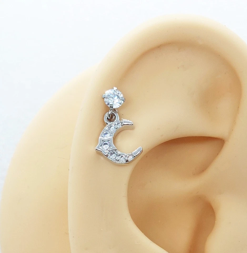 Piercing orecchino acciaio chirurgico trago helix luna stella ciondolo zircone - Immagine 4 di 4