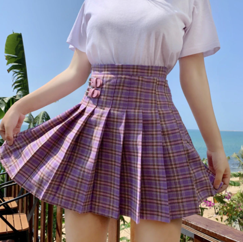 Purple Preppy Plaid Buckle Mini Skirt Kawaii Short Pleated High Waist Mini Skirt - Picture 1 of 8
