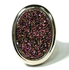 Large Sterling Silver Pink and Yellow Druzy Oval Ring Size 7 