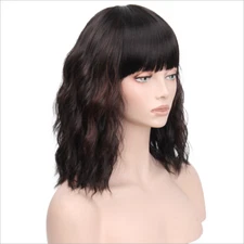 Women Black Synthetic Wigs Medium Short Natural Wavy Hair W/ Bangs Cap Full wig