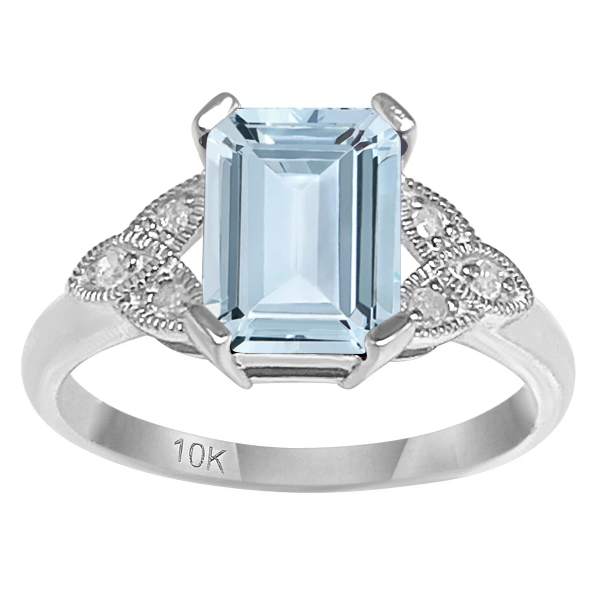 10k White Gold Vintage Style Emerald Cut Natural Aquamarine and Diamond Ring