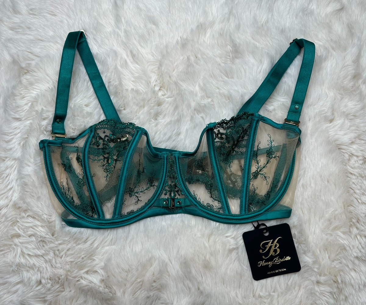 Honey Birdette GABRIELLE💚 Green Floral Lace 3 Piece Set 32G Bra