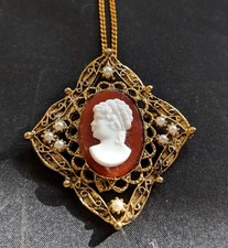Square Shape Costume Cameo Pin Necklace Pendant Faux Pearl 1960s