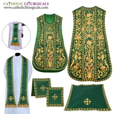 GREEN Spanish Fiddleback Vestment & mass set with Vintage Embroidery DESIGN NEW