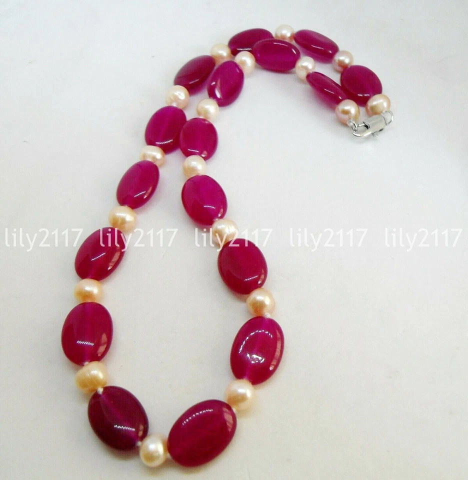 Colar de pérolas rosa natural 13x18mm rosa vermelha alexandrita pedras ovais 6-7mm 14-48"" - Imagem 2 de 3