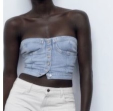 ZARA Size XS Blue Light-Wash Denim Buttoned Strapless Corset Smocked Top NWT