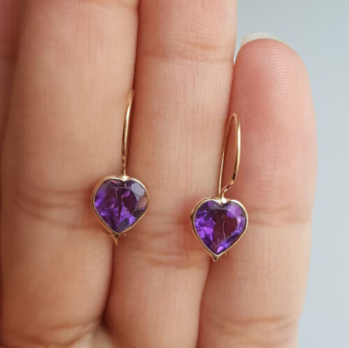 Natural African Amethyst Heart Gemstone Solid 14k&18k Gold Women Dangle Earrings - Picture 1 of 6