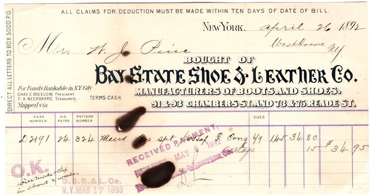 Bay State Shoe & Leather Co. Manuf. of Boots and Shoes, Billhead, April 26, 1892