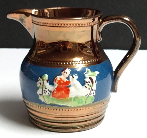 English Staffordshire Kupfer Glanz blaues Band Mädchen mit Hund antikes Milchkännchen um 1850