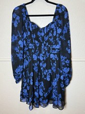 Express Blue And Black Floral Mini Dress Long Sleeve Size Medium