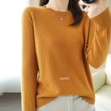 Women Wool Cashmere Blend Solid Knitted Sweater Pullover Slim Crew Neck Sweater