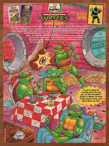 1993 Ninja Turtles/Chef Boyardee Print Ad/Poster TMNT Super Shredder Figure Art
