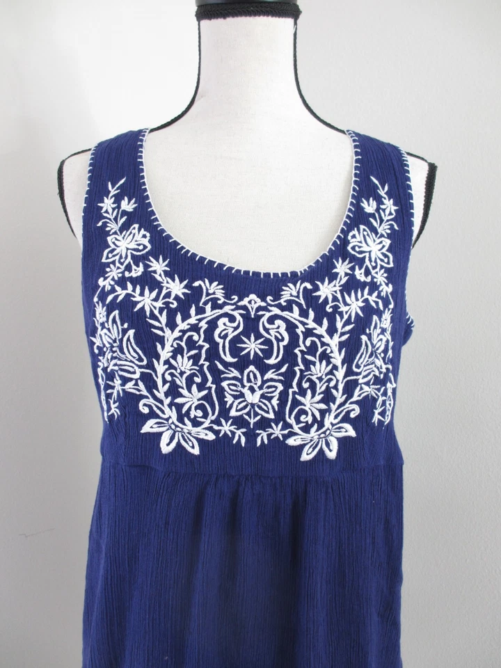 Navy Blue Applique Embroidered Sun Dress Women's 14 Sleeveless Gauze Cotton Boho - Image 3 of 4