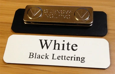 CUSTOM ENGRAVED Employee Name Badge 2.5"x0.75" White / Black Letters,Corners rounded, + Magnet