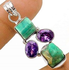 Natural Rough Neon Blue Apatite & Amethyst 925 Sterling Silver Pendant Jewelry