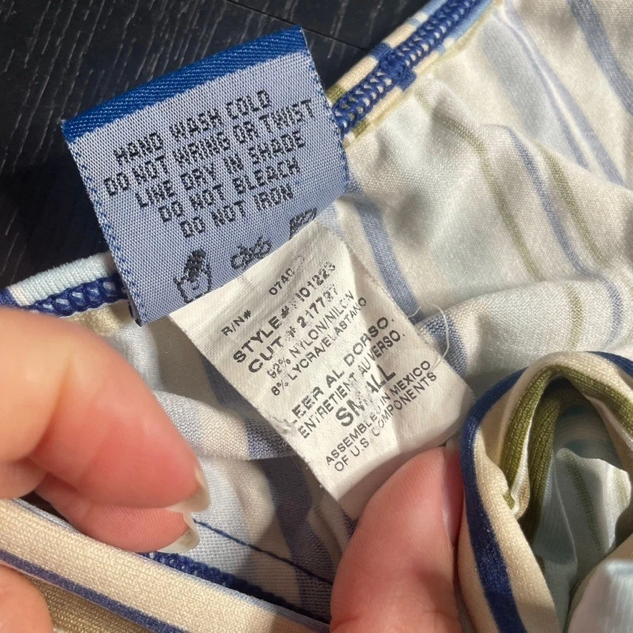 L.E.I. Blusa de natação anos 90 Y2K listrada pequena azul branca triângulo halter - Imagem 4 de 4