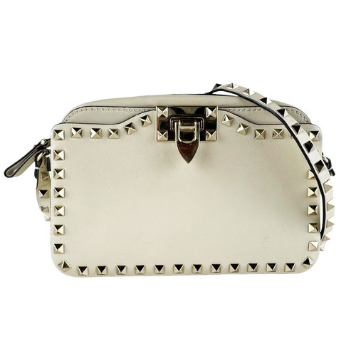 Auth Valentino Garavani Shoulder Bag Off White/Gold Leather/Metal - z10266