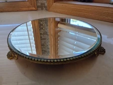 Vintage Ornate Gothic Claw Feet Round Gold Mirror Vanity Jewelry Perfume Tray