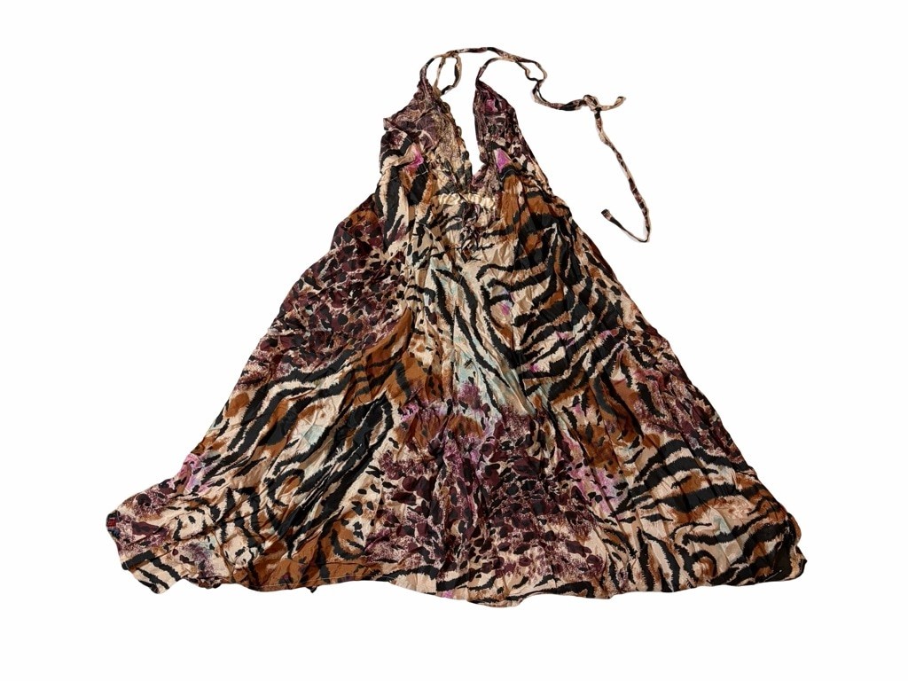 Moda International Y2K Beaded Animal Print Halter Mini Dress Boho Festival