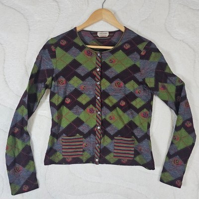 iBlues Italy Wool Blend Cardigan Green Grey Purple Argyle Rose Pattern Size S M
