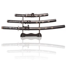Authentic Samurai Sword 3-Piece Set with 3-Tier Display Stand Decoration Collect