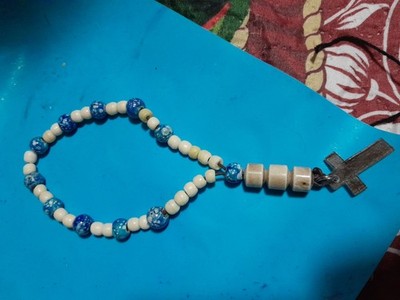 Beautiful Beaded Blue And Cream Color Rosery With Cross