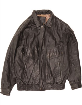 VINTAGE Herren Bomber Lederjacke IT 50 Large Schwarz Leder DE16