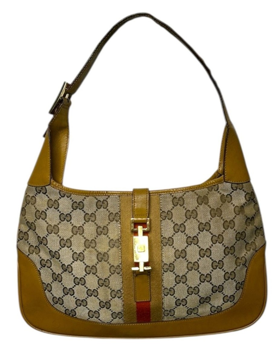 Gucci Jackie GG Monogram Canvas Hobo Bag Web Stripe Tan Leather 