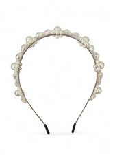 White Faux Pearl  Clear Beaded Metal Headband Silver Classic Wedding Party