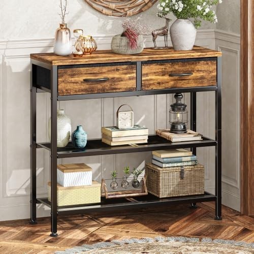 Narrow Console Table, Sofa Table with 2 Fabric Drawers | 3-Tier Entryway Table,