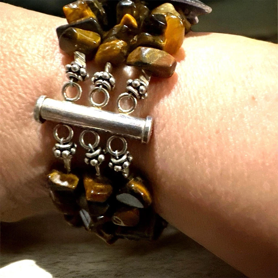 Estaciones florales esmaltadas y ojos de tigre de varias hebras con perlas de agua dulce 925 Foto 2 de 4