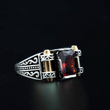 January Birthstone Red Garnet Gemstone Engraved 925 Sterling Silver Men's Ring