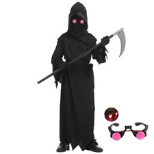 Grim Reaper Costume Kids Halloween Skeleton Glowing Red Eyes Ghost Robe Scary Co