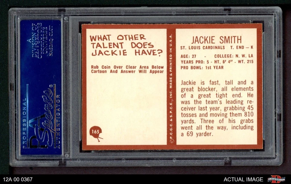 1967 Philadelphia #165 Jackie Smith Cardinals-FB RC HOF PSA 8 - NM/MT - Image 2 of 2