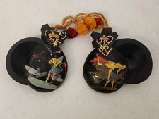 Pair Vintage Wooden Castanets Hand Painted Carved Flamenco Bullfight Black B46