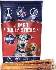 . Jumbo Bully Sticks 12 Inch, 3 Pack Dog Chews, 100 Natural, Single Ingred...