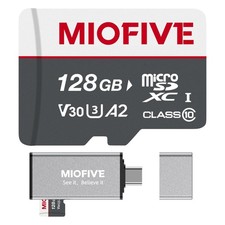 Miofive 128GB Micro SD Card U3 V30 A2 4K with USB-C Card Reader for Dash Cam,...