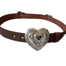 Western Heart Silver Tone Leather Brown Belt Buckle M/L