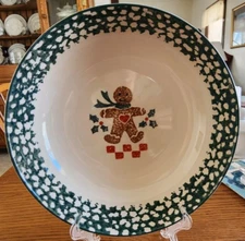 Gingerbread Vegetable Bowl(s) 9" Tienshan Folkcraft Stoneware White Green Sponge