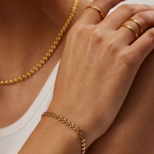 SET Woman 18K Gold Plated Stainless Steel Cue Heart Chain Necklace Bracelet - Picture 1 of 5