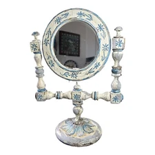 Vntg Art Nouveau Vanity Table Top Shaving Mirror Hand Carved Wood Painted 1930s