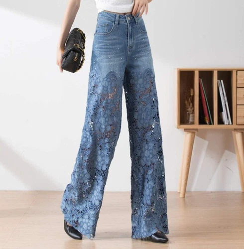 Mujer Cintura Alta Hueco Encaje Patchwork Suelto Pierna Ancha Jeans- - Imagen 3 de 15