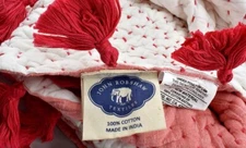 RARE JOHN ROBSHAW TEXTILES SAHATI WHITE CORAL RED QUILTED THROW HAND STITCHED
