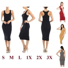 WOMEN COTTON SPANDEX RACERBACK SLEEVELESS TANK  BODYCON PENCIL MIDI DRESS S-XL