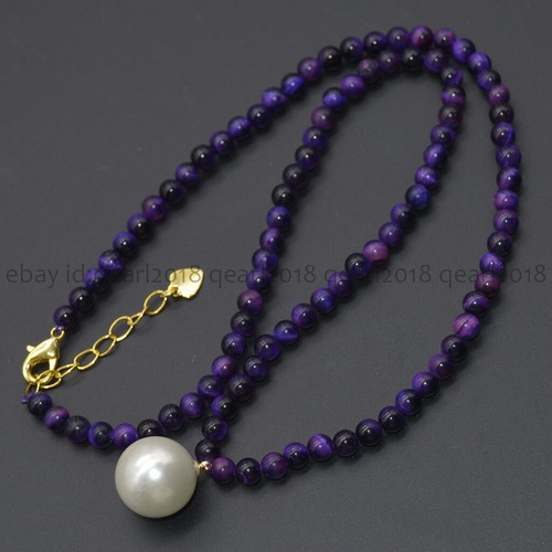 4mm Natural Assorted Gemstone 14mm Round White Shell Pearl Pendant Necklace 18'' - Picture 194 of 198
