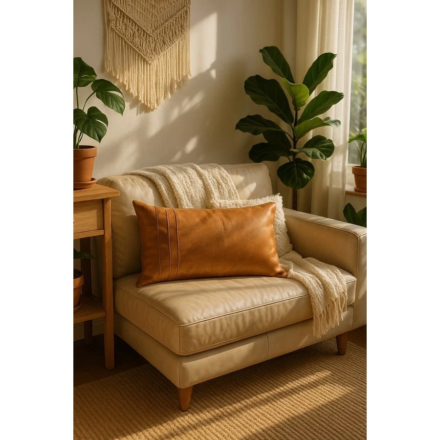 Rustic Tan Leather Lumbar Pillow Artisan Handmade Boho Accent Cushion Cover - Image 4 of 4