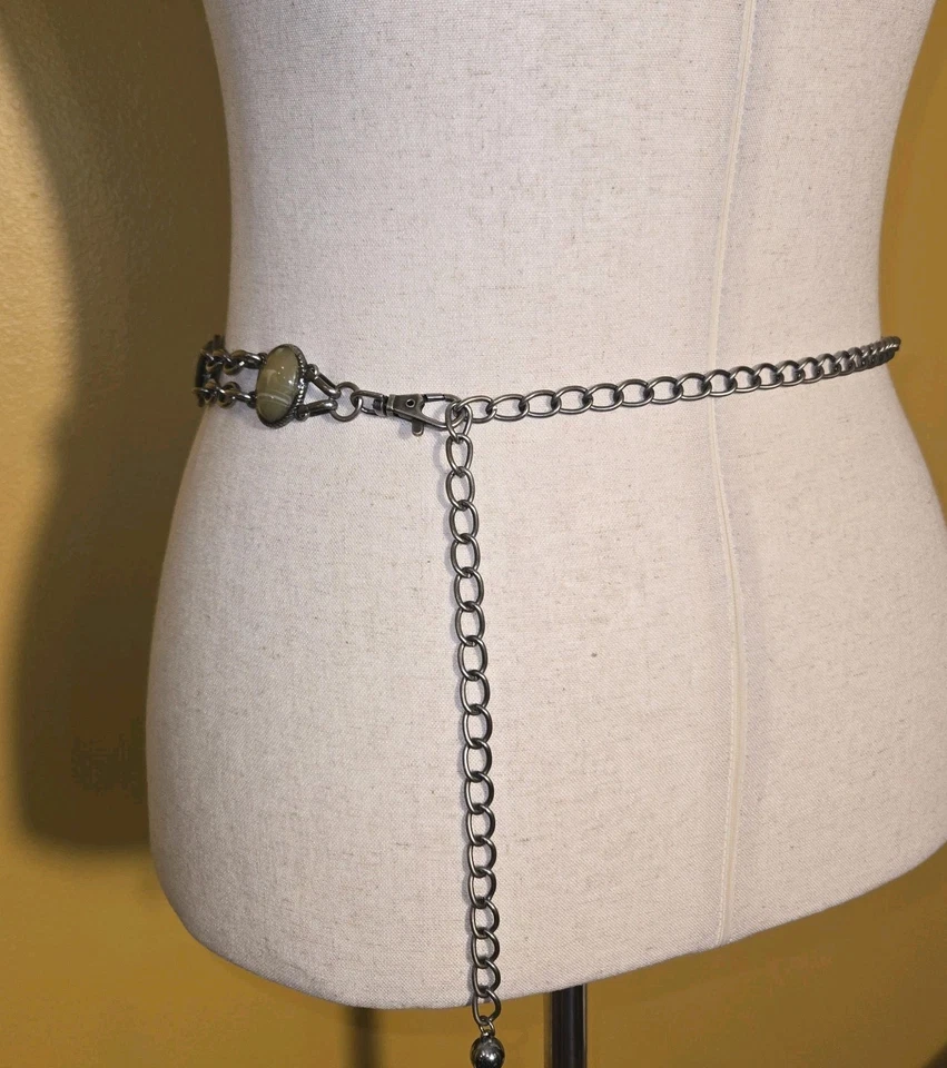 Cinturón Cadena Vintage Tono Plata Multi Piedra Cabujón Boho Western Ajustable Dama Foto 3 de 4