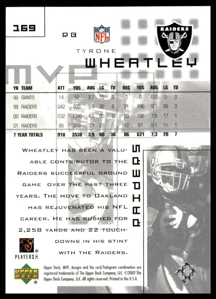 2002 Upper Deck MVP #169 Tyrone Wheatley Oakland Raiders NM+ - Image 2 of 2