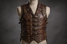 Men's Steampunk Leather Vest - Distressed Brown Genuine Leather Waistcoat - Rena